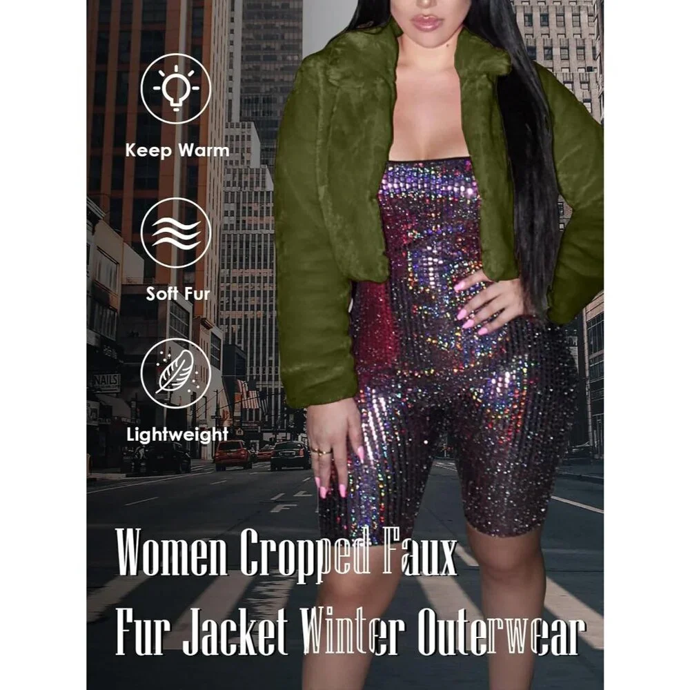 Women's Winter Faux Fur Long Sleeve Jacket Shaggy Open Front Cardigan Army Green - Picture 6 of 6